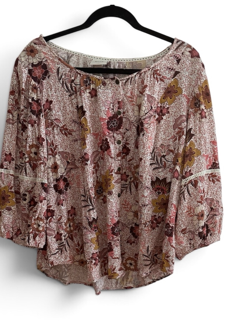 Knox Rose Rayon Boho Floral Peasant Top - Pink Multicolor